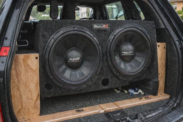 Custom subwoofer installation in vehicle trunk